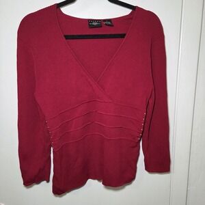 Taylor Red Sweater Womens Large Ribbed V Neck Studded 3/4 Sleeve